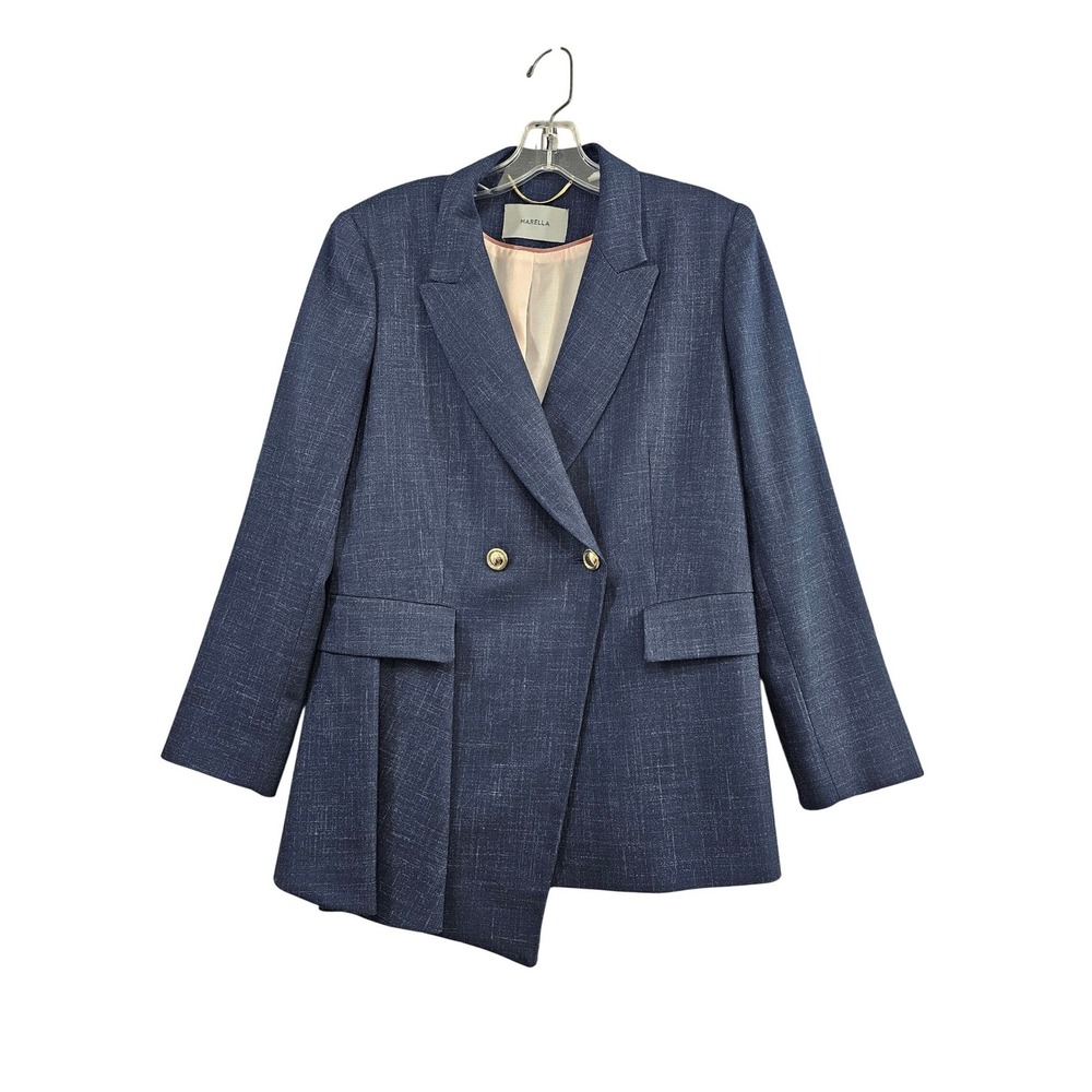 Marella Blazer Womens 8 Blue Textured Double Breasted Gold Button Suit‎ Jacket